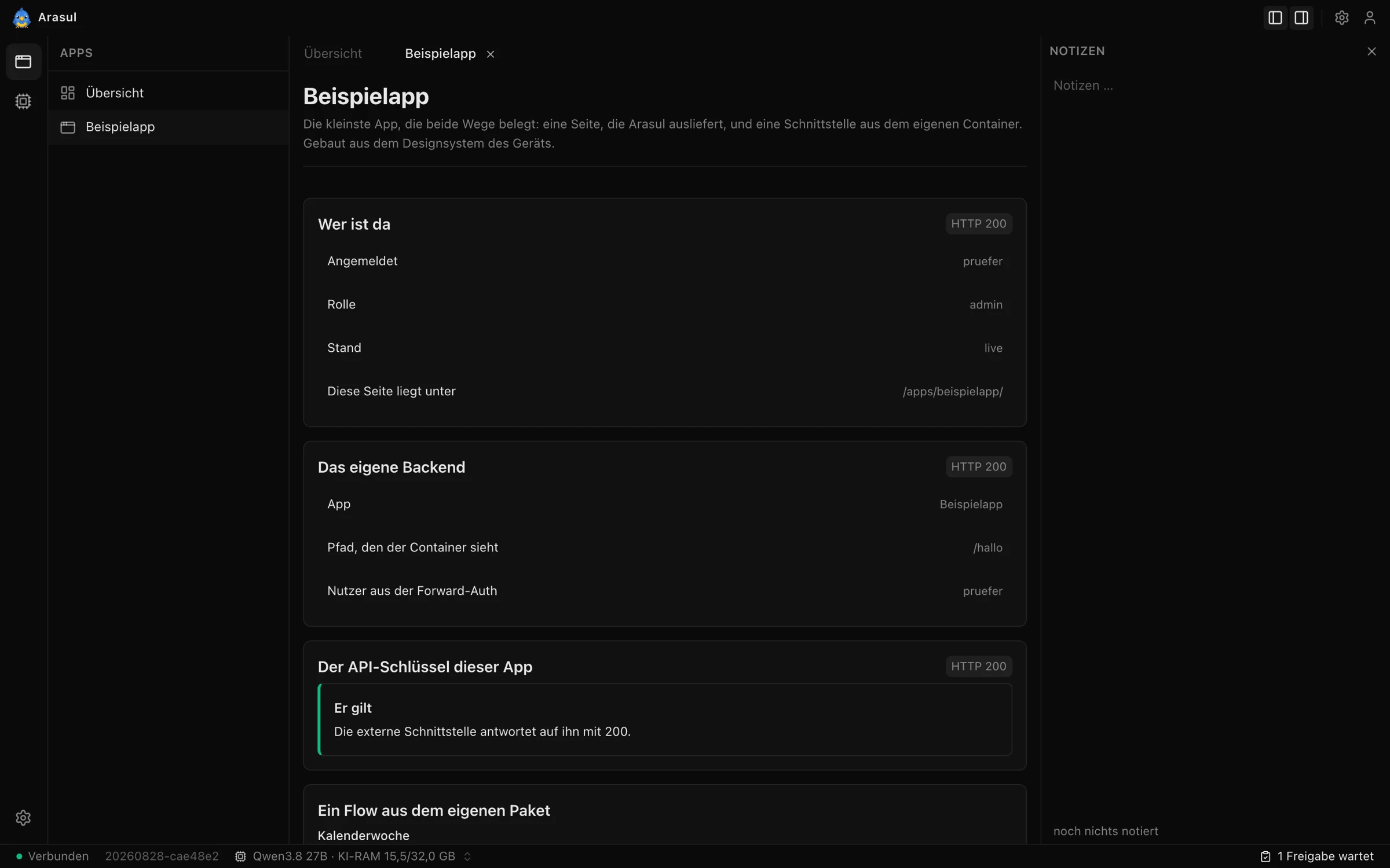 Eine App läuft im Rahmen der Arasul-Oberfläche und zeigt den angemeldeten Nutzer, ihr eigenes Backend und einen Flow aus dem App-Paket