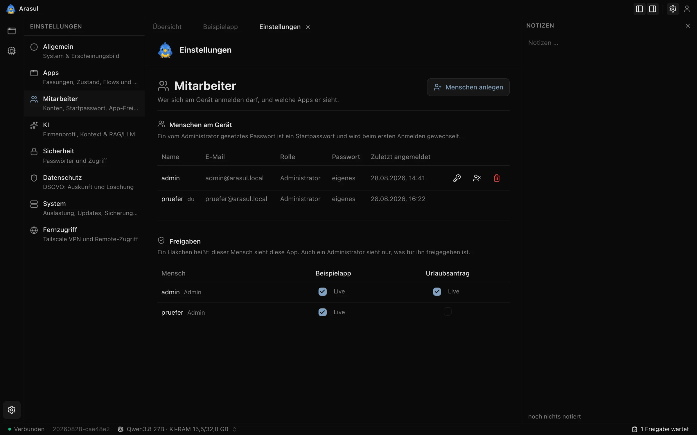 Die Verwaltung in Arasul: die Menschen am Gerät und eine Matrix, in der je Mensch und App ein Häkchen die Freigabe setzt